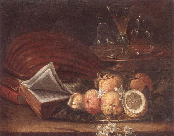 unknow artist Still life of a lute,books,apples and lemons,together with a gilt tazza with a wine glass and decanters,all upon a stone ledge oil painting picture